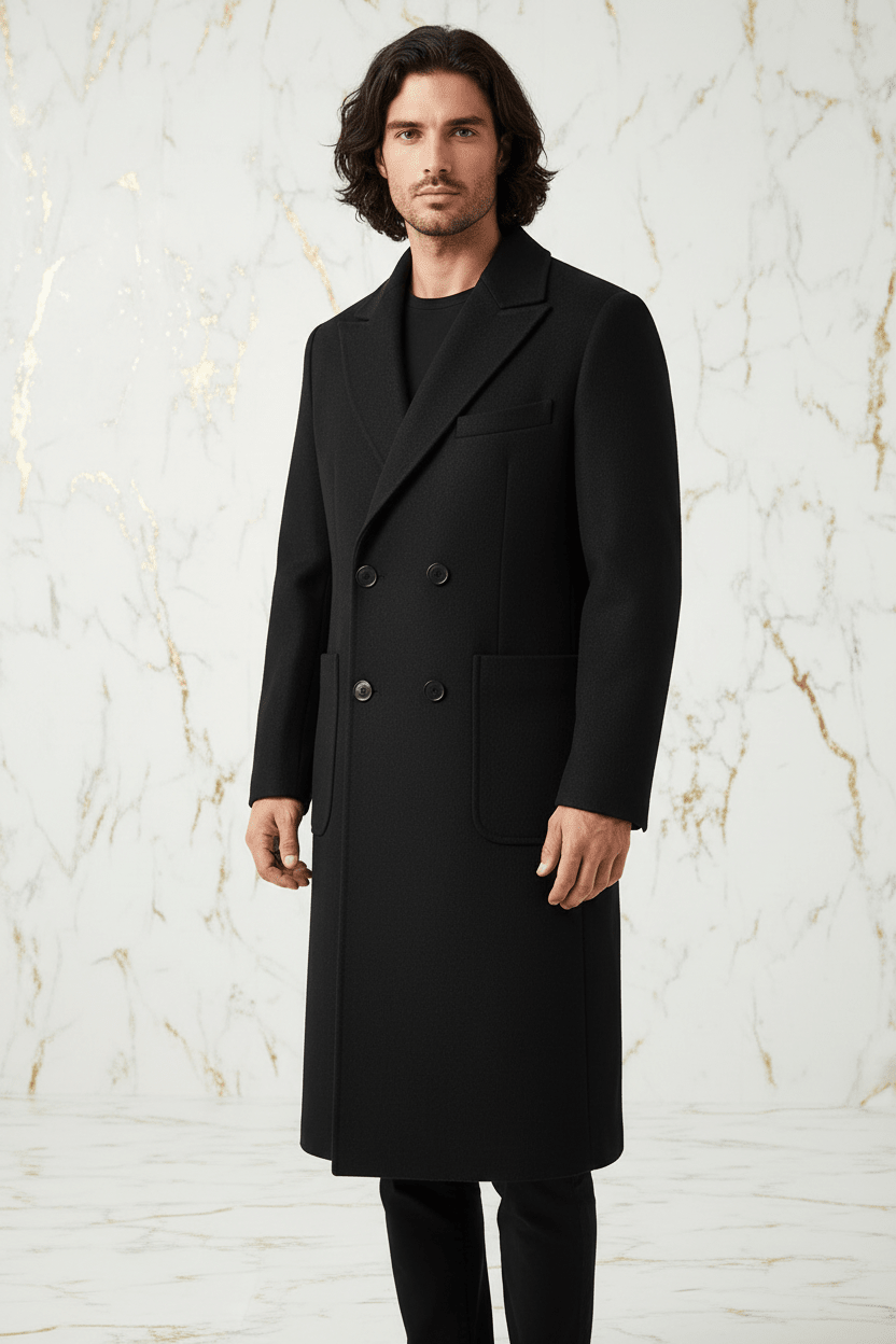 Black Wool Coat - Three Quarter - Full Marble