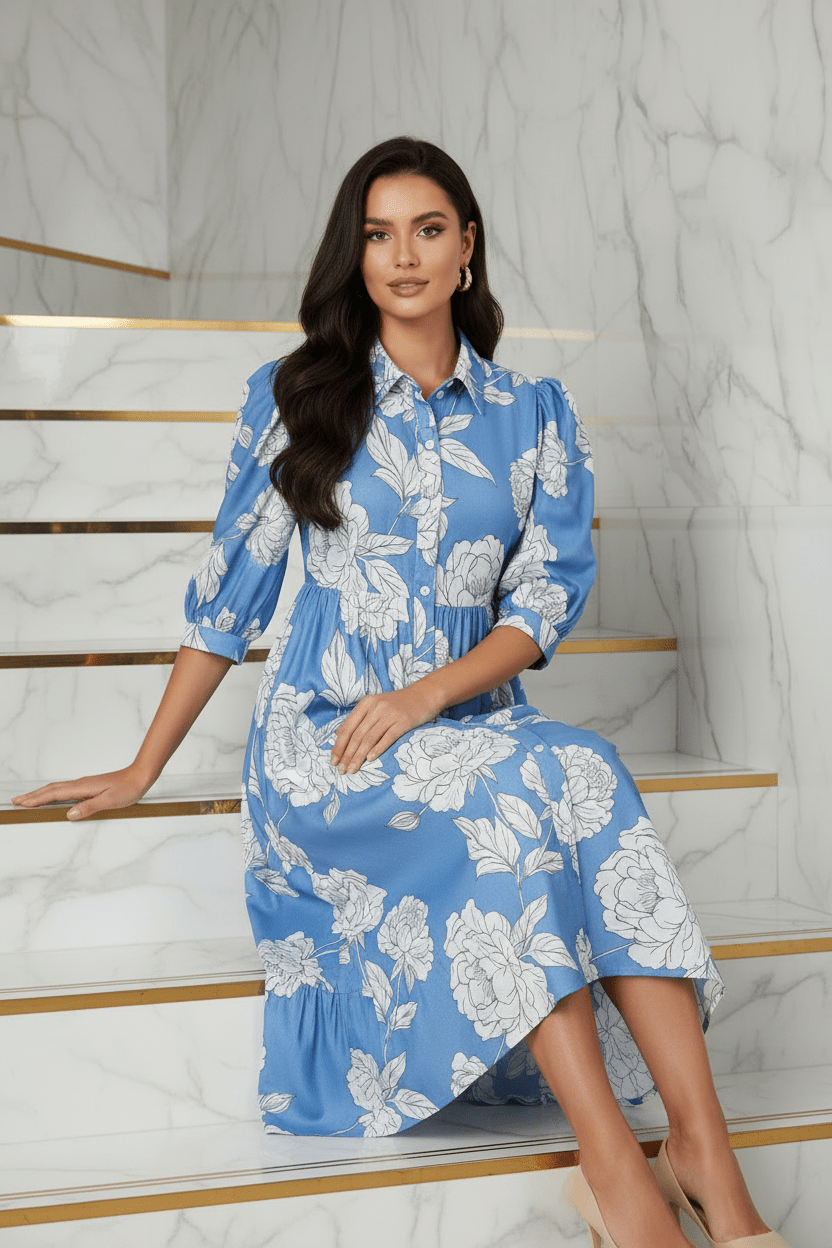 Blue Floral Dress - Elegant Sitting