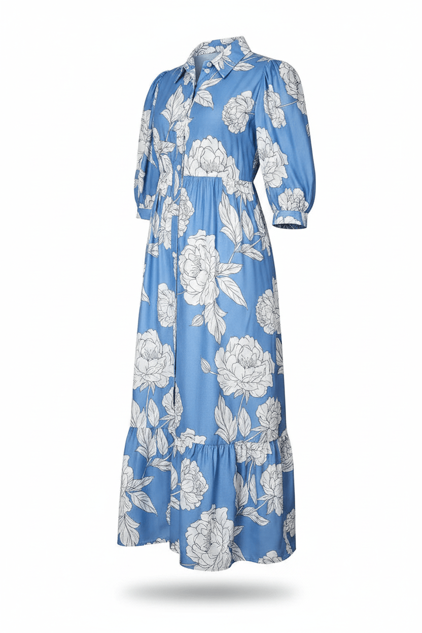 Blue Floral Dress - Ghost Mannequin Three Quarter