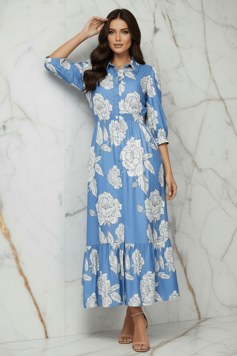 Blue Floral Dress - Leaning Pose Final