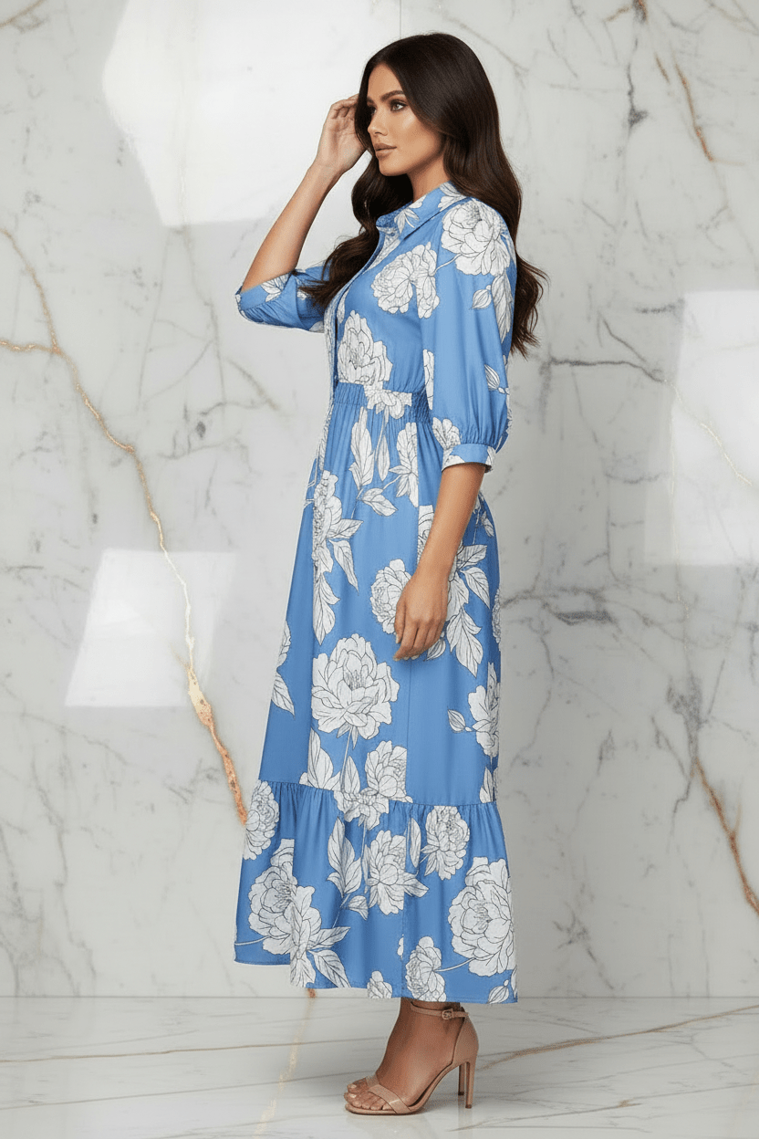 Blue Floral Dress - Leaning Pose No Buttons on Skirt