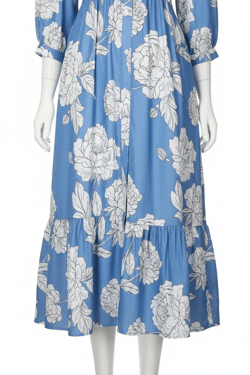 Blue Floral Dress - Ruffle Hem Detail