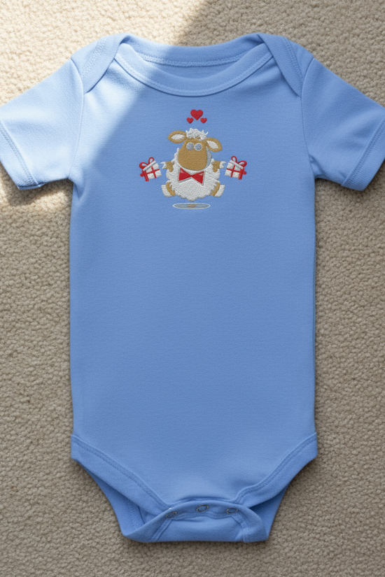 Blue onesie front view on beige carpet