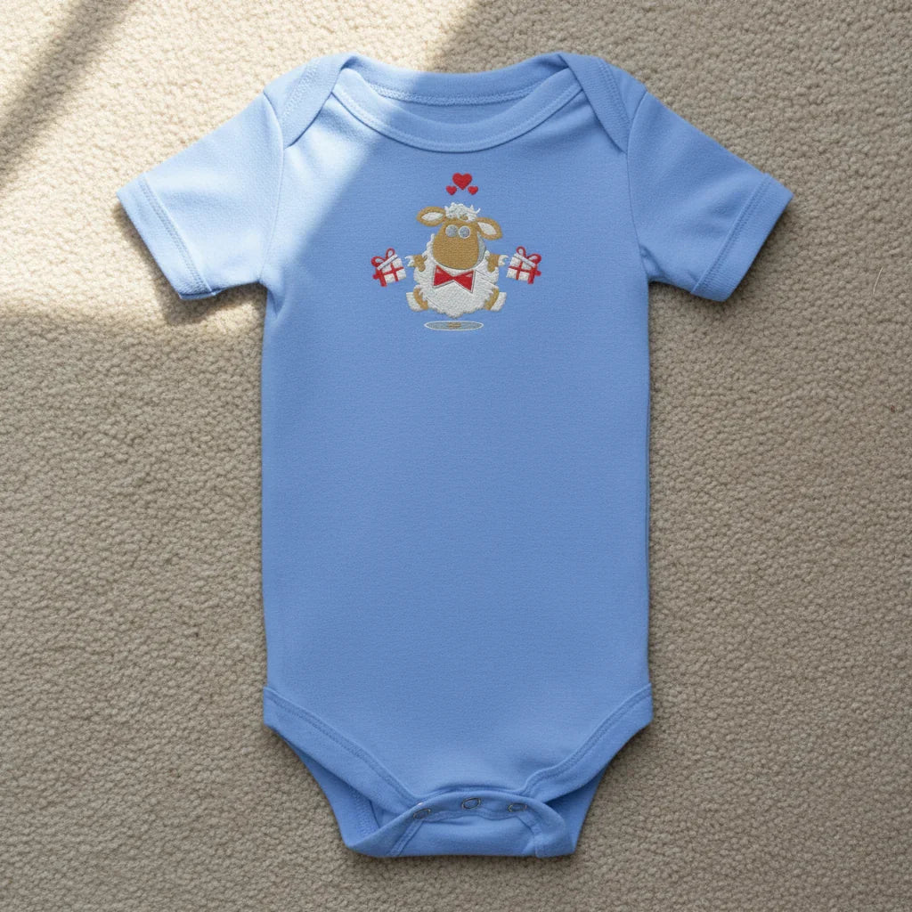 Blue onesie front view on beige carpet