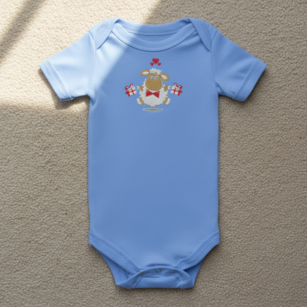 Blue onesie front view on beige carpet