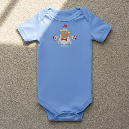 Blue onesie front view on beige carpet