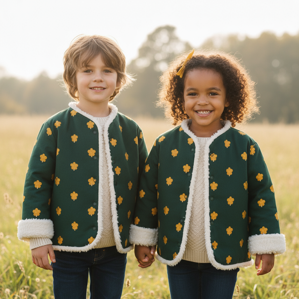 Boy and girl in green jackets outdoors