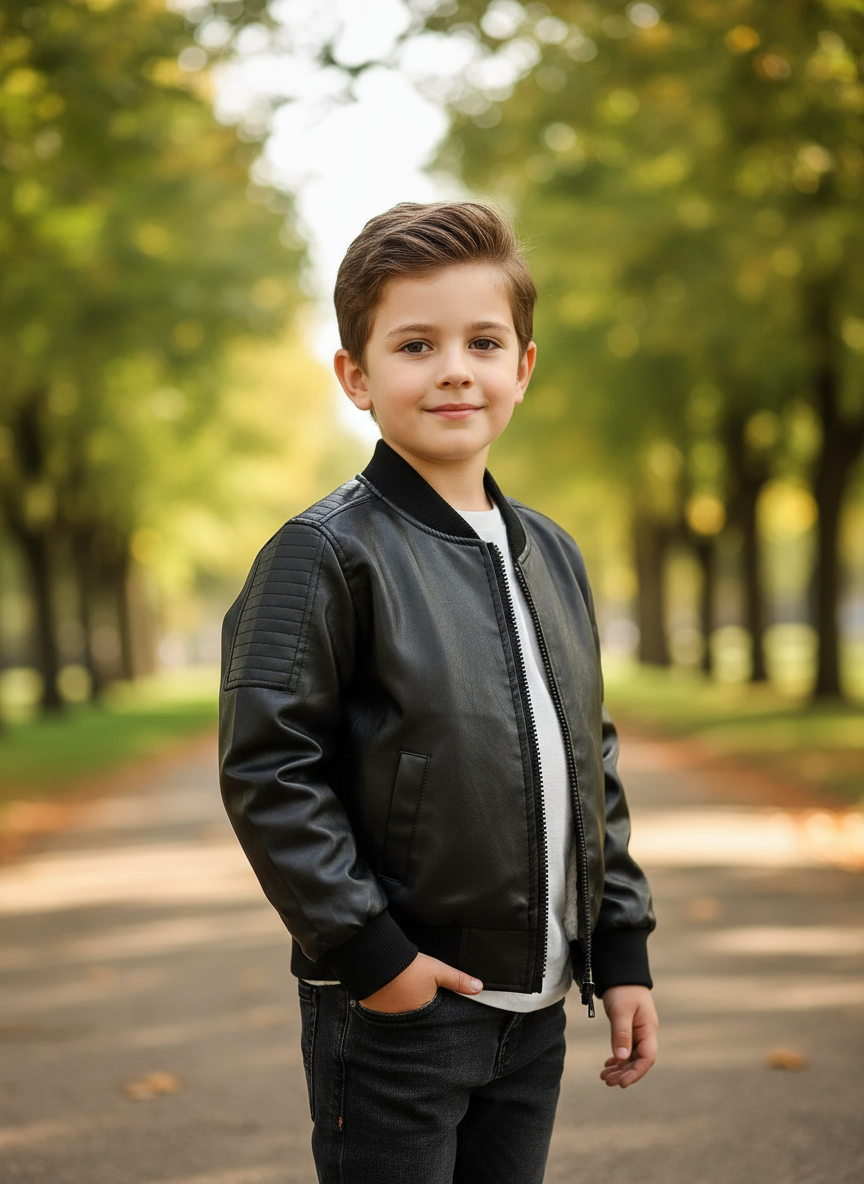 Boy in black bomber jacket - casual
