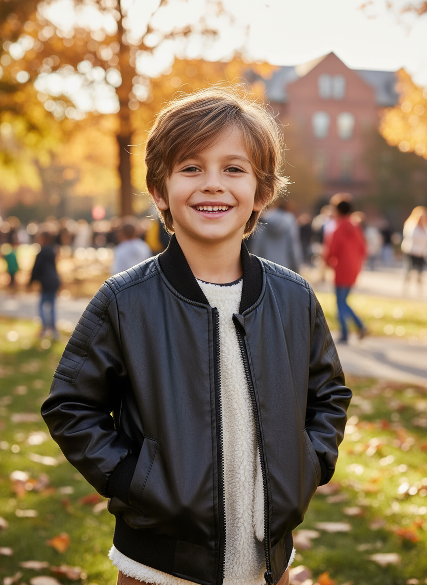 Boy in black bomber jacket - outdoor