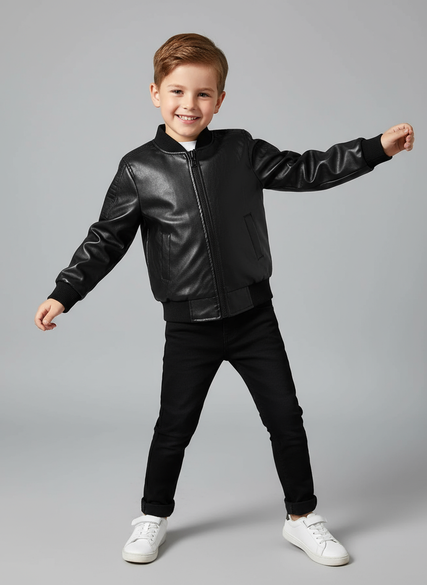 Boy in black bomber jacket - studio