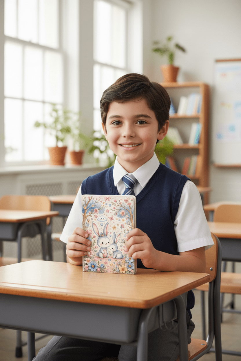 Boy showing notebook back cover