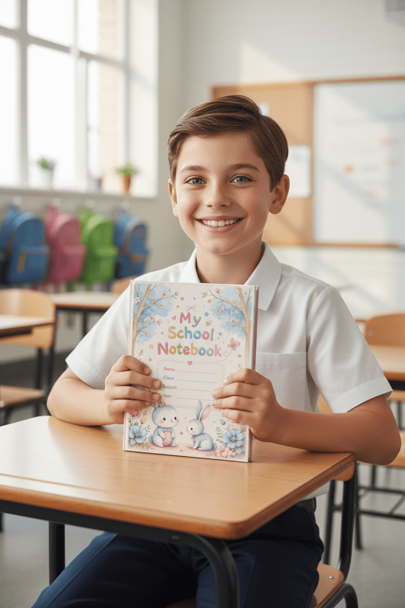 Boy showing notebook to camera