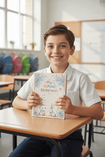 Boy showing notebook to camera