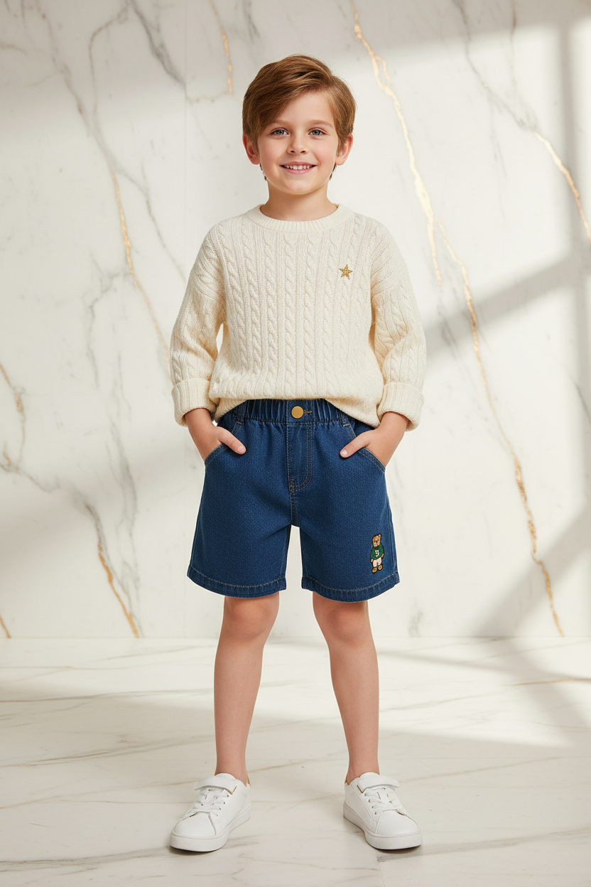 Boy wearing denim shorts - front view