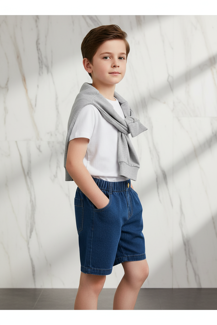 Boy wearing denim shorts - right side view
