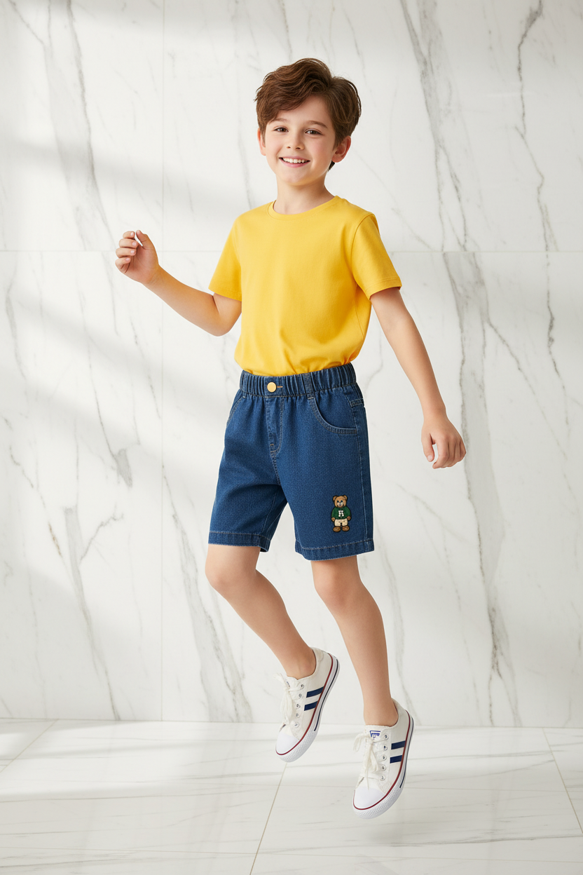 Boy wearing denim shorts - three quarter front