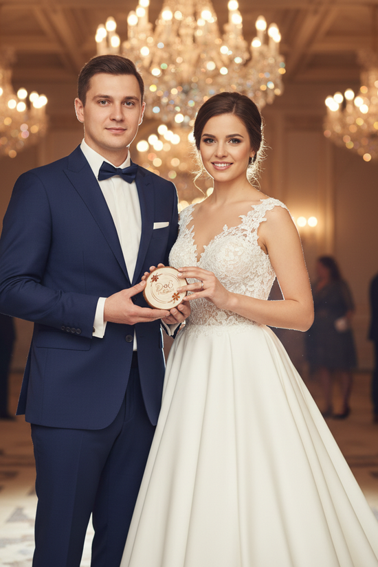 Bride and groom holding ring box together