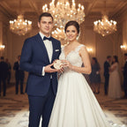 Bride and groom in elegant attire holding ring box at luxury indoor wedding event