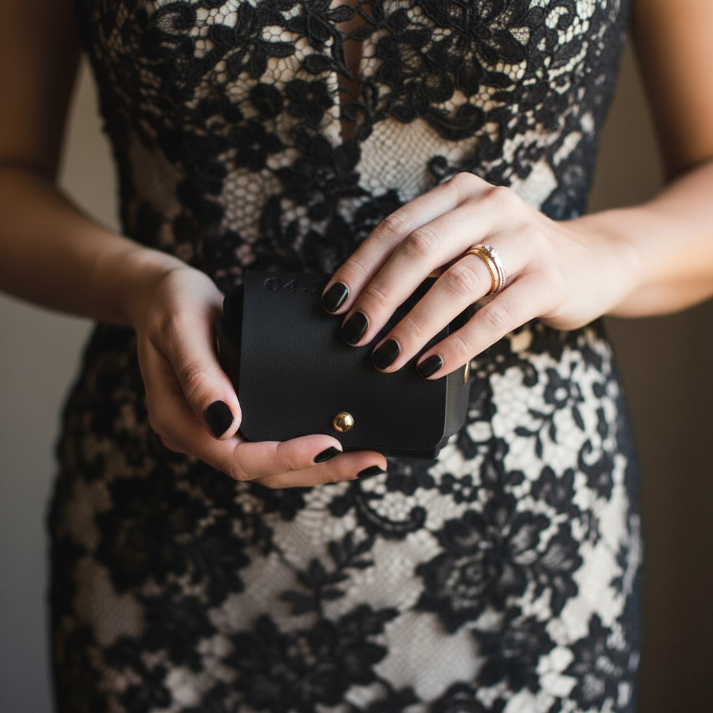 Bride Holding Black Wedding Pouch