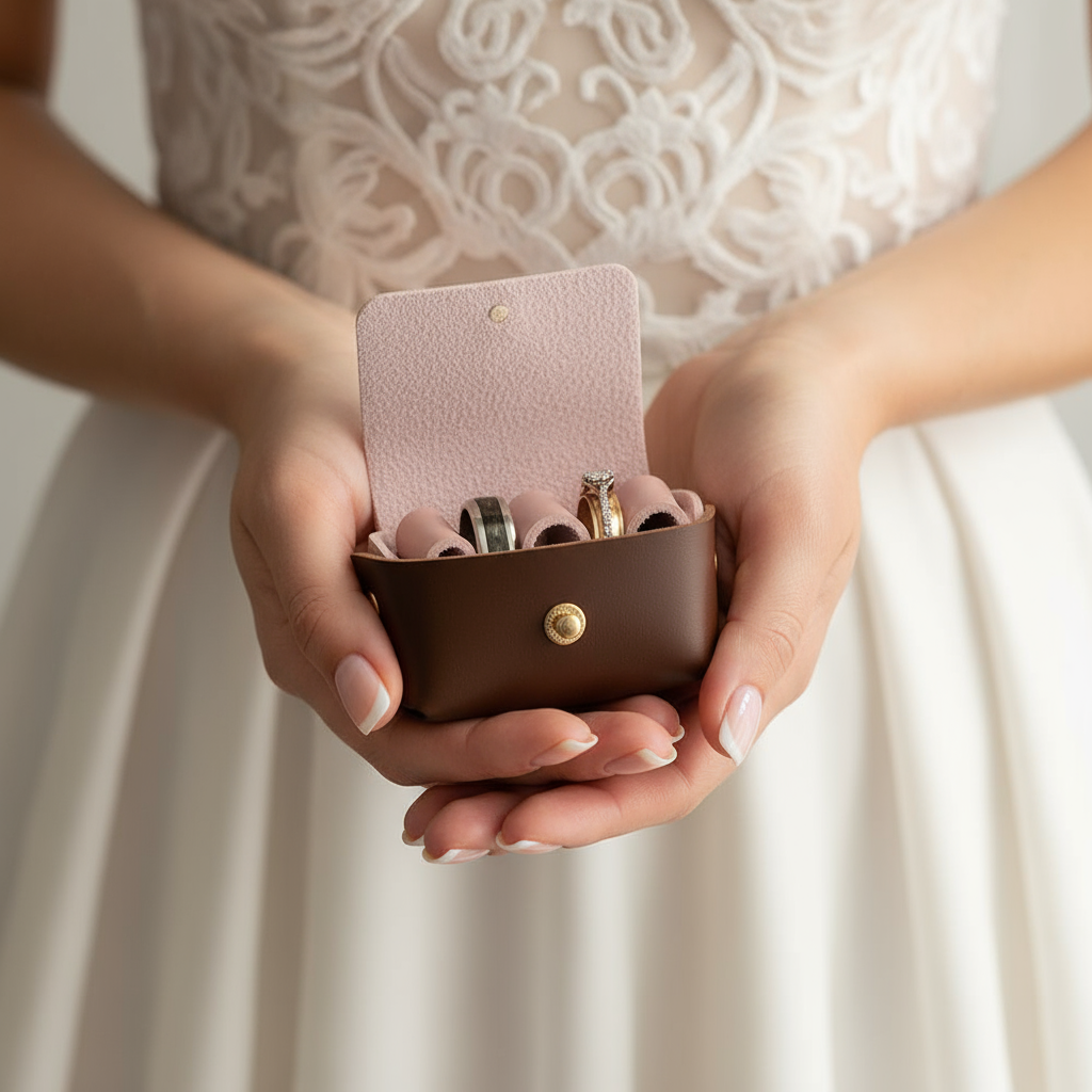 Bride Holding Brown Wedding Pouch