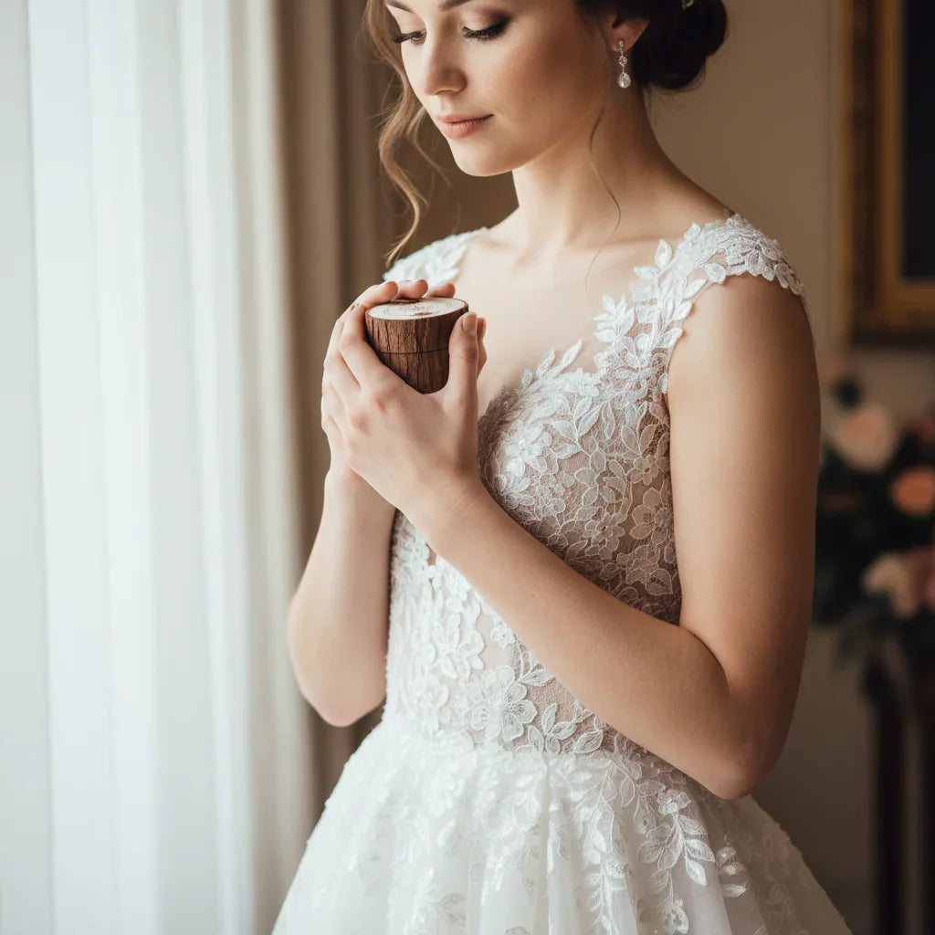 Bride in lace wedding dress holding ring box near window, Ivorynn bridal fashion