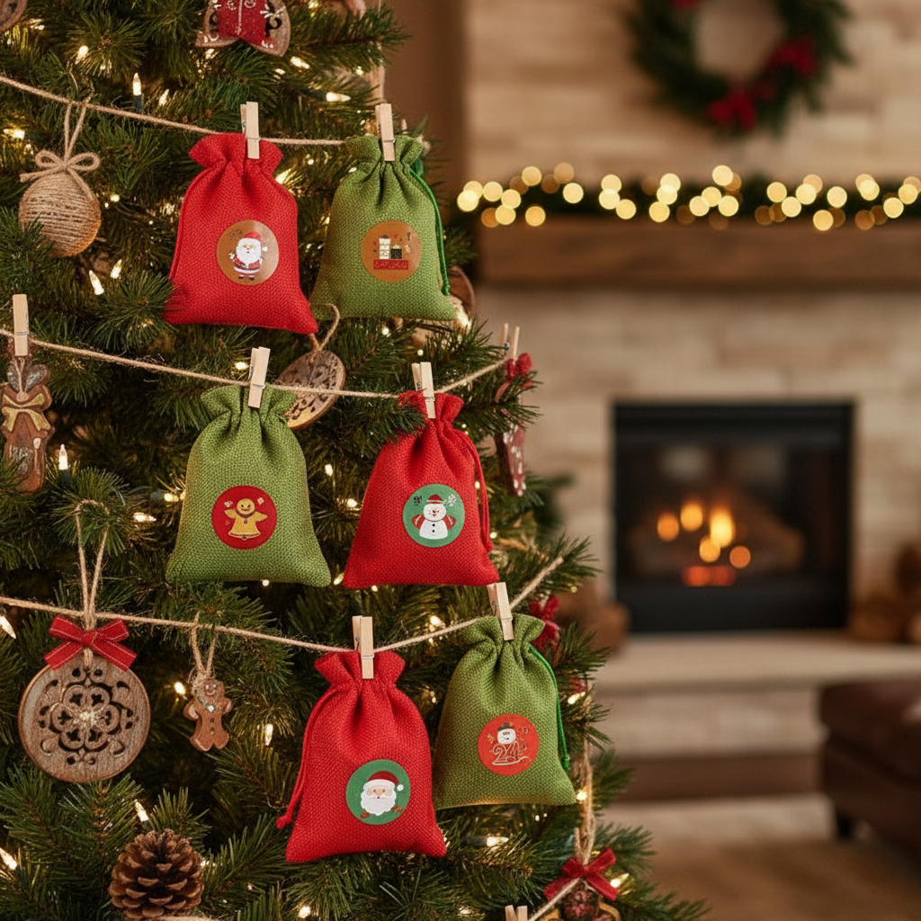 Burlap bags with festive stickers