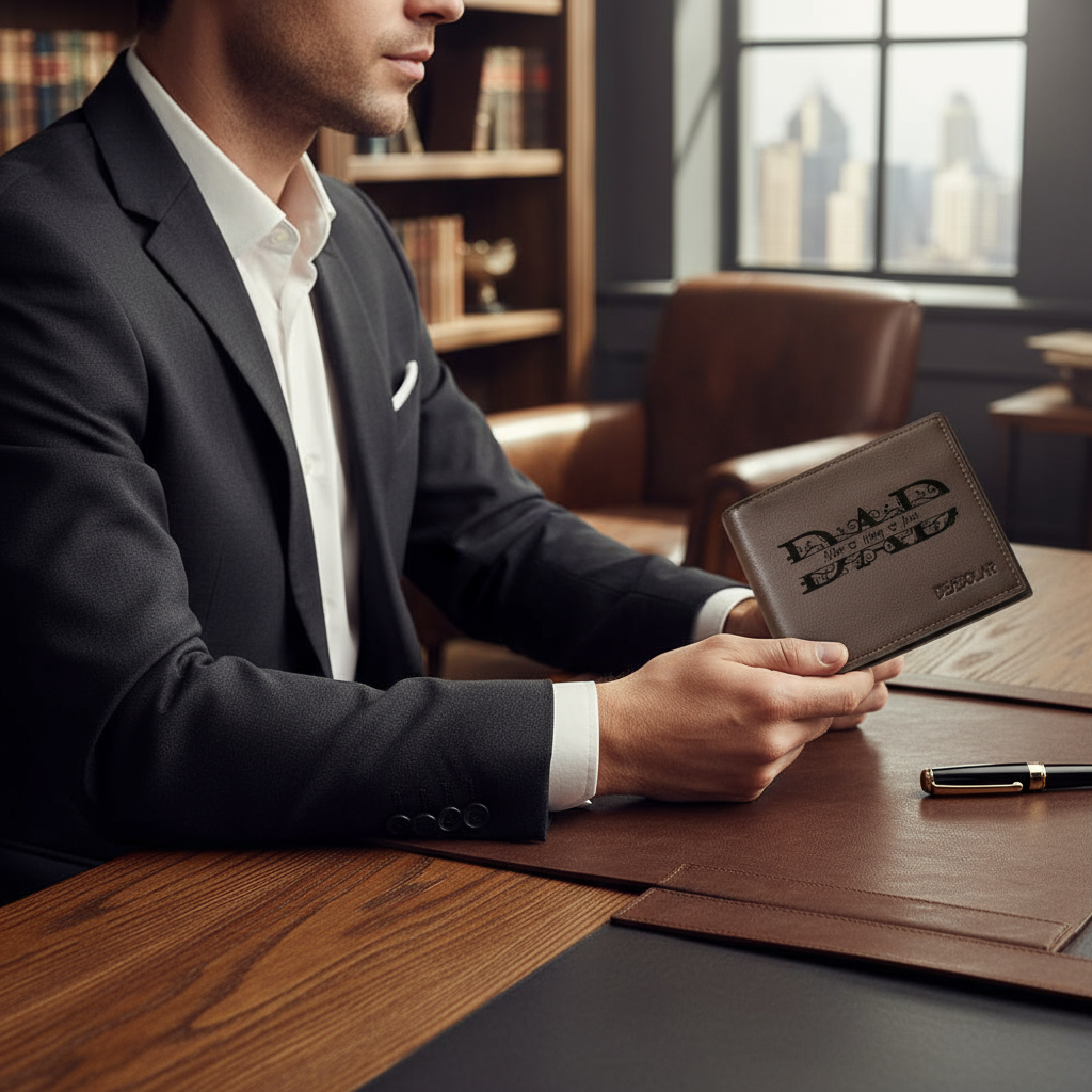 Businessman with leather wallet at desk