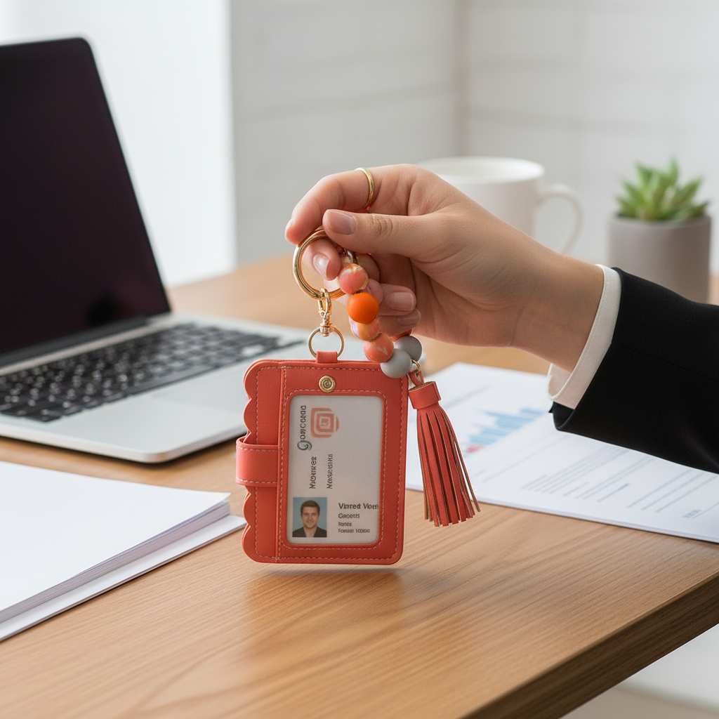 Businesswoman holding badge holder