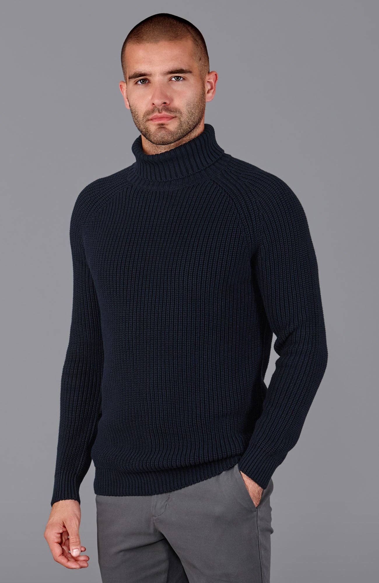 Men's Midweight Cotton Fisherman Rib Knit Roll Neck Jumper Sweater