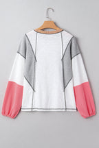 White Contrast Block Knit Patchwork Casual Top