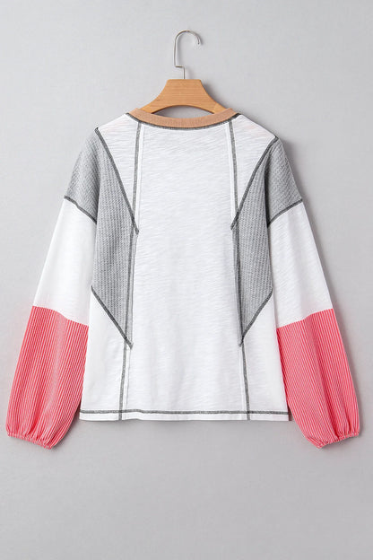 White Contrast Block Knit Patchwork Casual Top