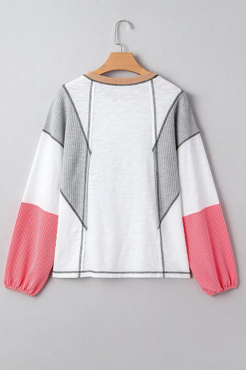 White Contrast Block Knit Patchwork Casual Top