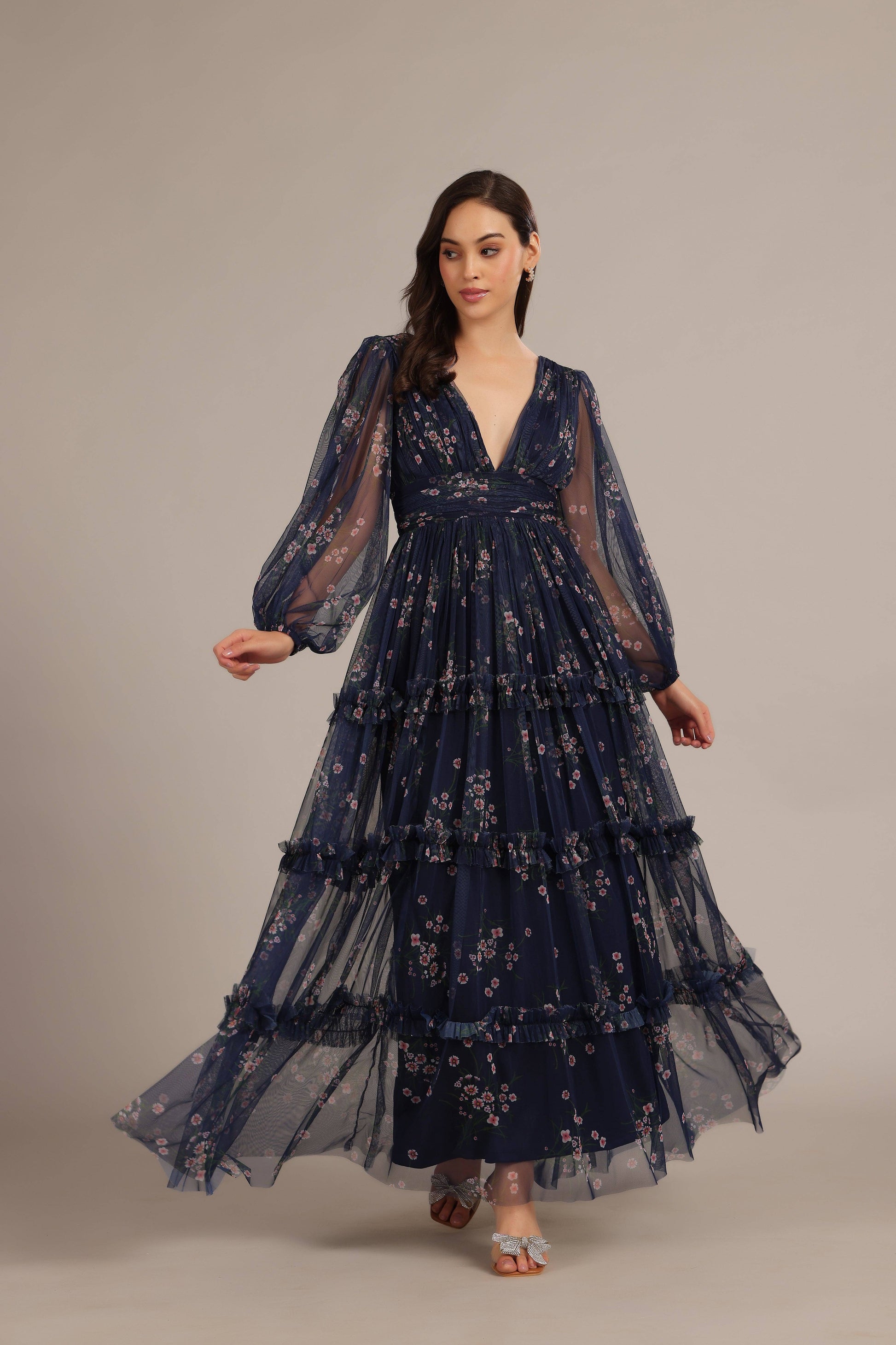 Lydia Elegant Navy Floral Tulle Maxi Dress with V-Neck and Cinched Waist