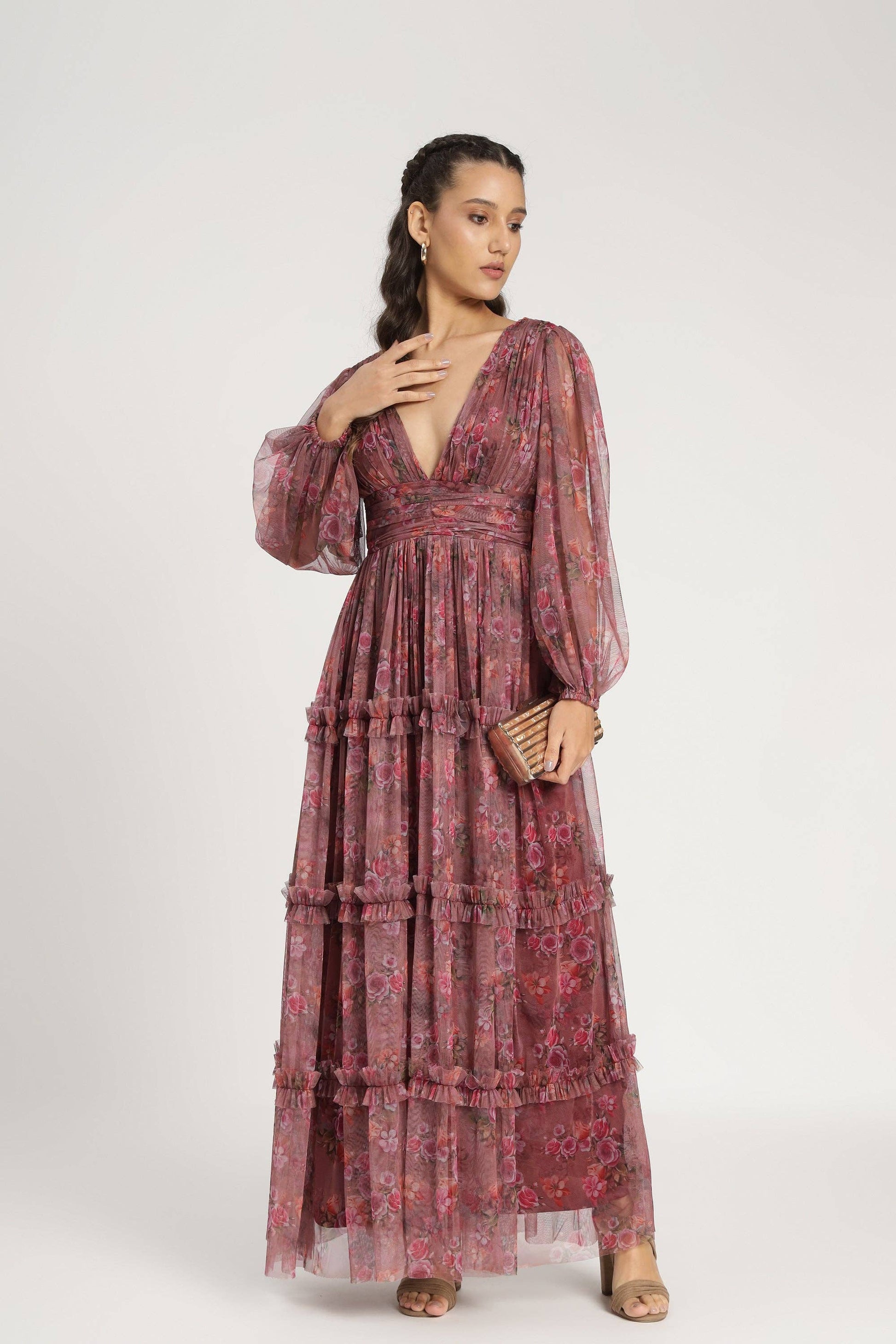 Elegant Purple Floral Tulle Maxi Dress for Formal & Wedding Guest Occasions