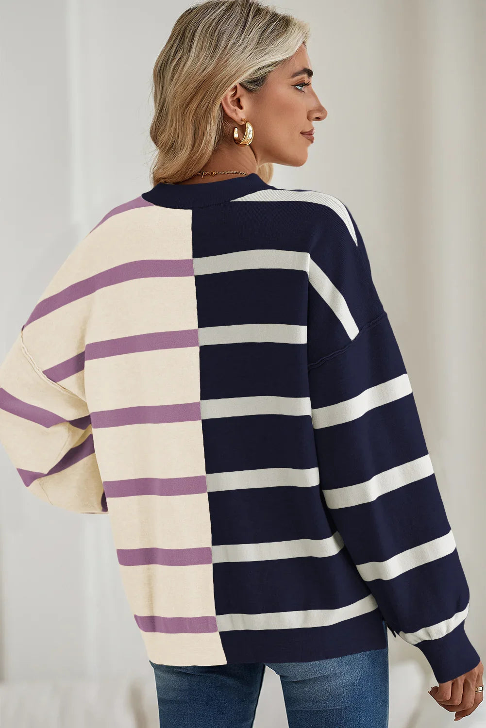 Striped Patchwork Drop Shoulder Blue Sweater