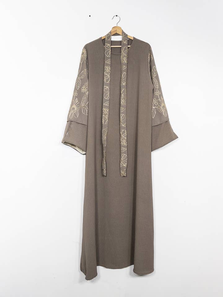 Elegant Floral Embroidered Abaya Dress with Matching Belt and Cream Lining