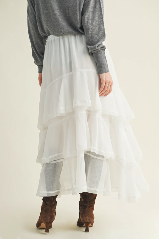 Pull On Ruffle Tiered White Skirt