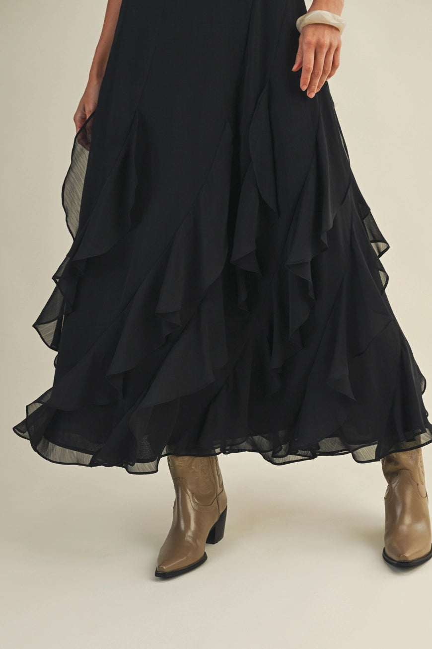 Lace V Neck Ruffled Cami Black Dress