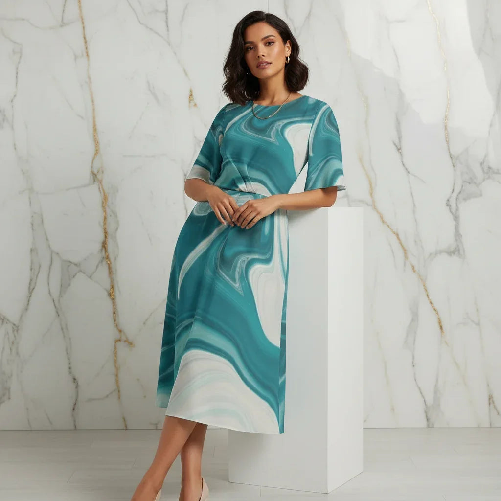 Woman in teal marble print dress leaning on pedestal, modern marble wall, Ivorynn fashion