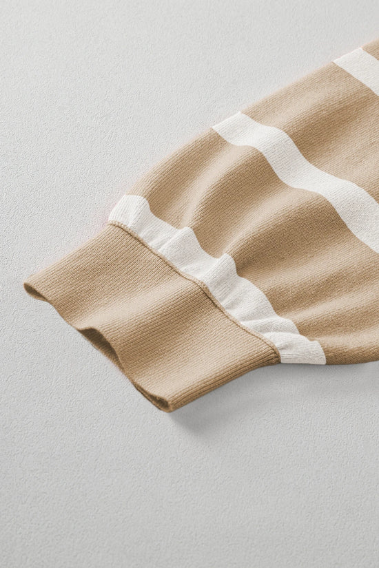 Striped Patchwork Drop Shoulder Khaki Sweater