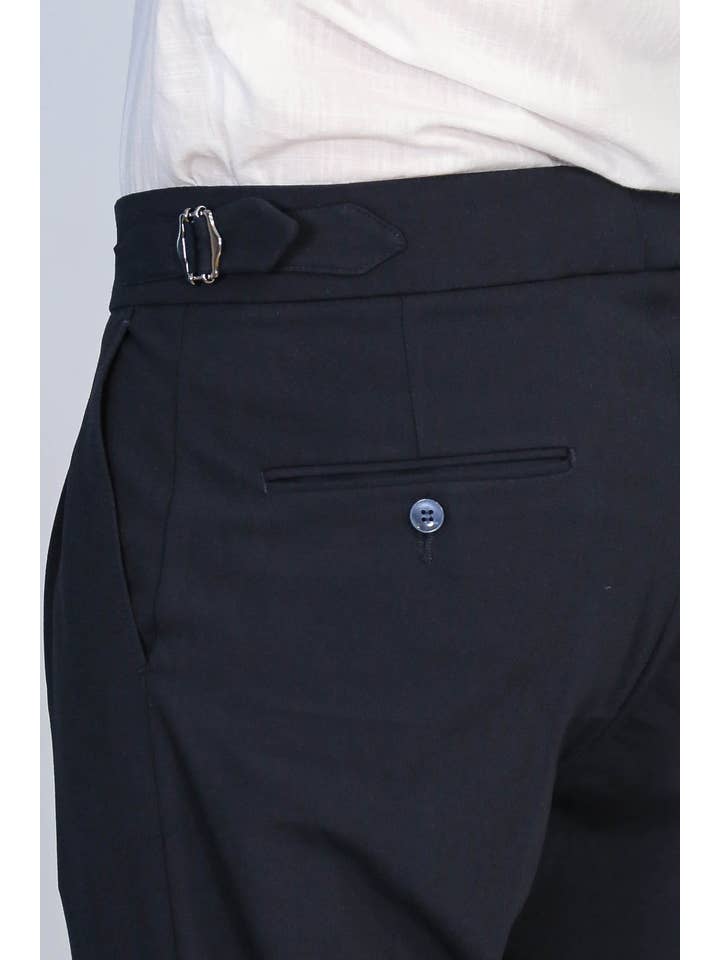 Men's Navy Double-Pleated High-Waisted Slim Fit Trousers with Adjustable Side Buckles