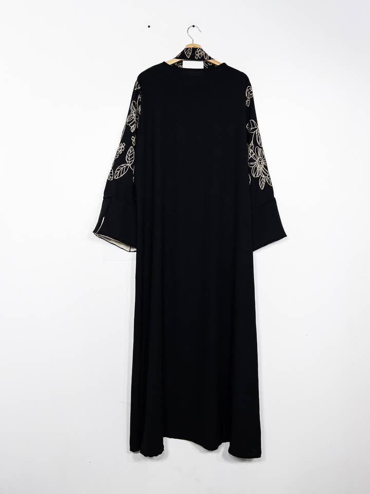Elegant Floral Embroidered Abaya Dress with Matching Belt and Cream Lining