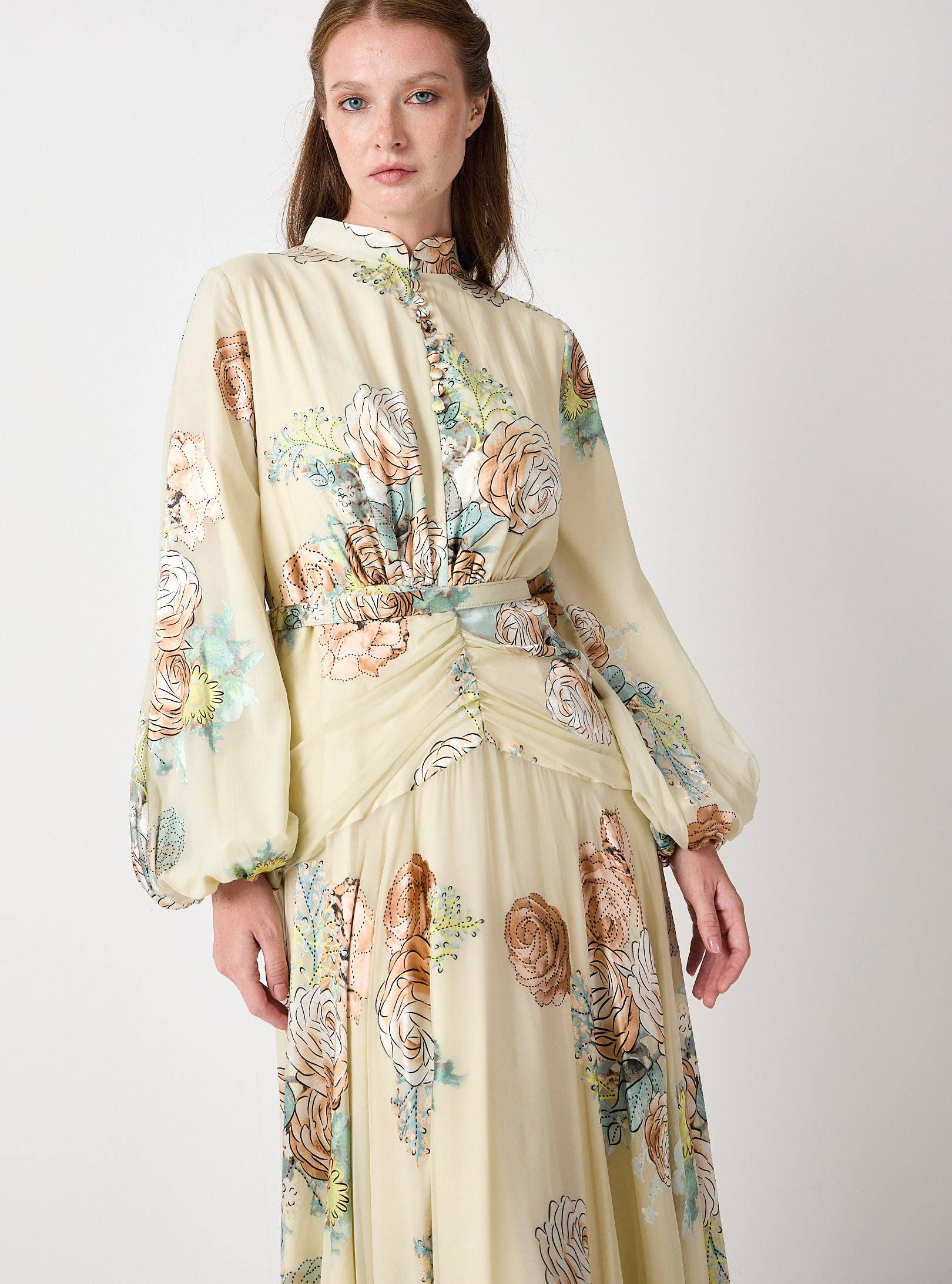 Wholesale Floral Belted Devoré Velvet Effect Maxi Dress for Women