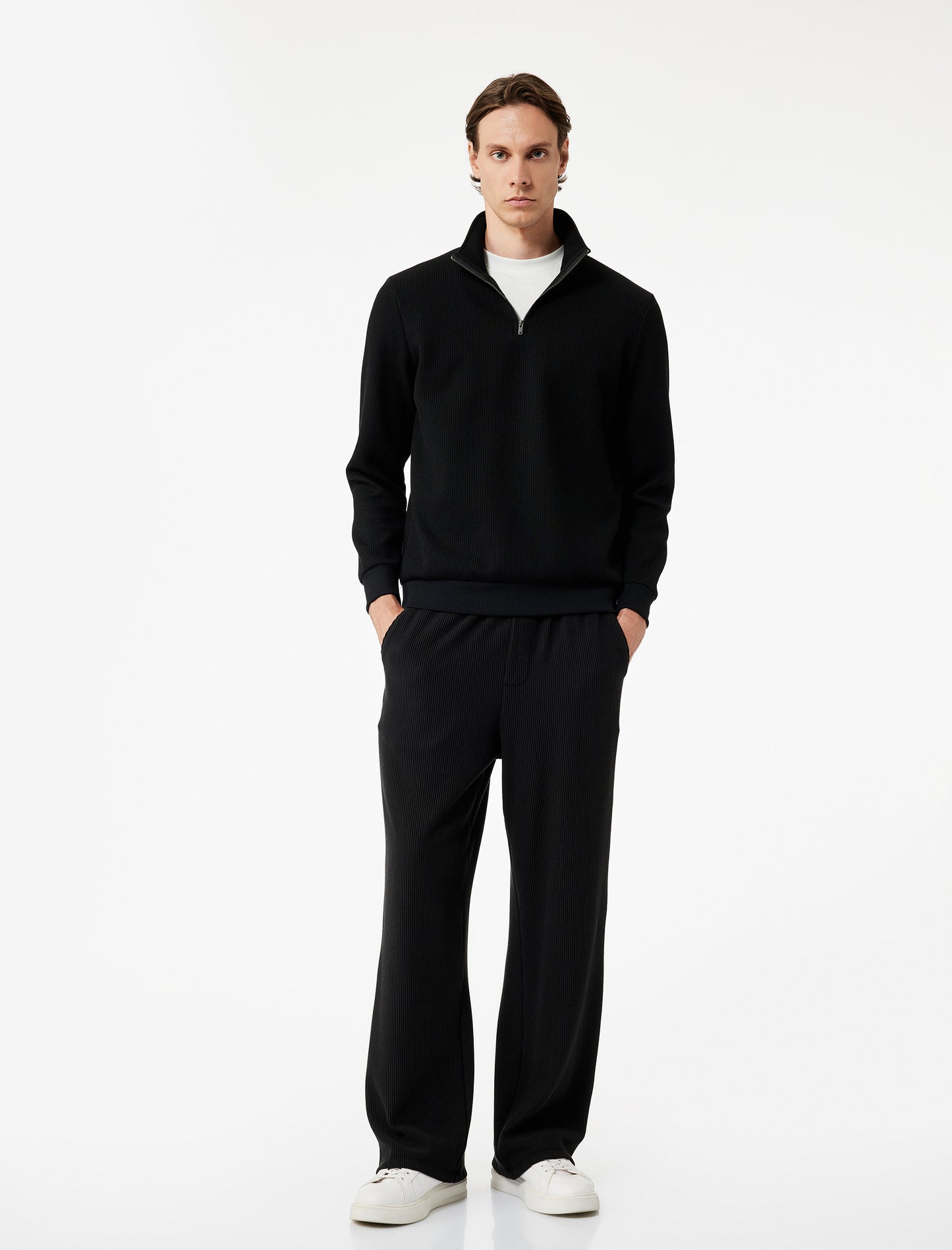 Black Cotton Ribbed Elastic Waist Sweatpants with Practical Pocket Detail