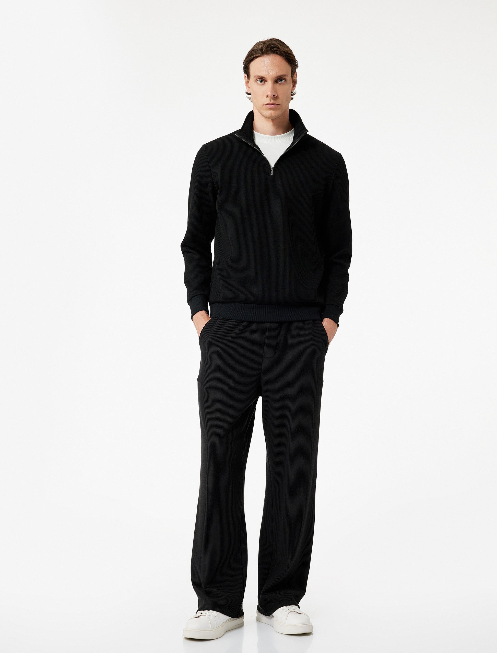 Black Cotton Ribbed Elastic Waist Sweatpants with Practical Pocket Detail