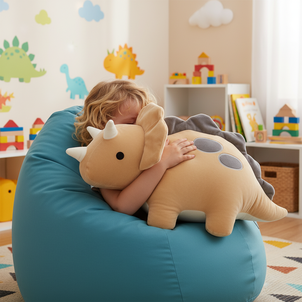 Child cuddling beige dinosaur plush