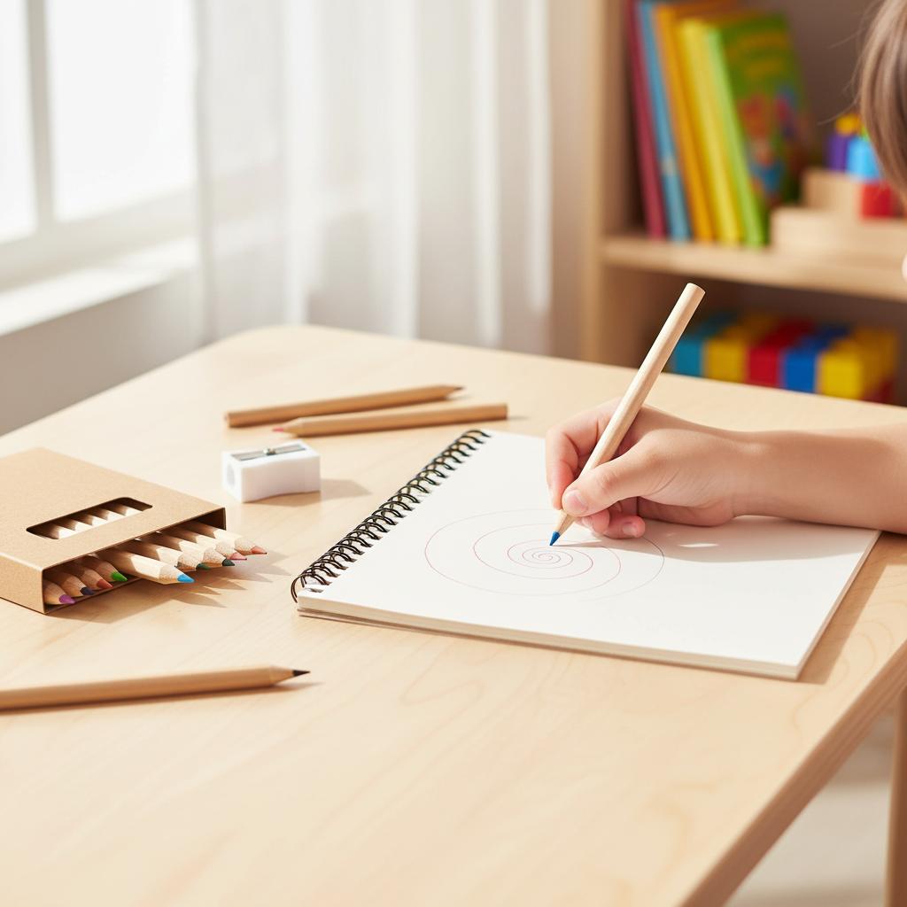 Child drawing with colored pencils