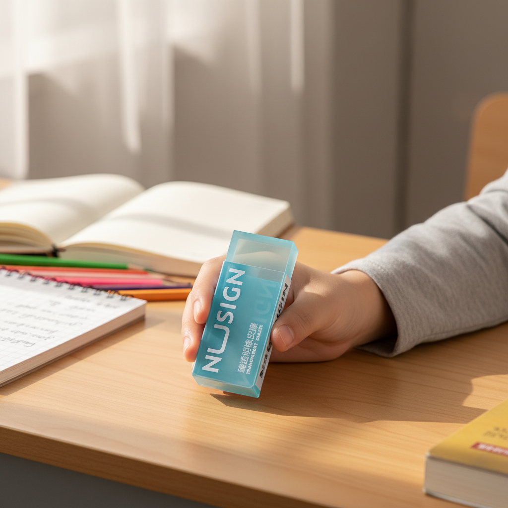 Child holding blue eraser at desk
