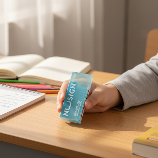 Child holding blue eraser at desk