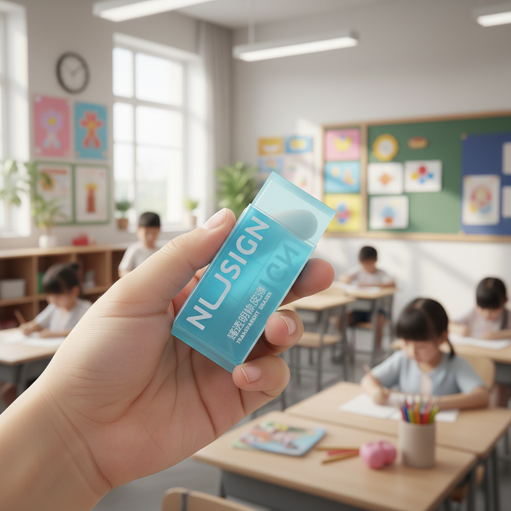 Child holding blue eraser in cheerful classroom